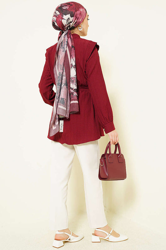 Camicia Bordeaux con Bottoni in Pietra e Rilievo a Righe