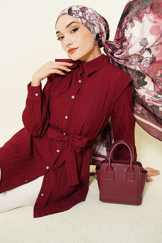 Camicia Bordeaux con Bottoni in Pietra e Rilievo a Righe