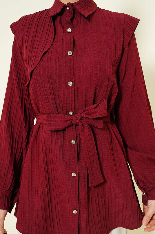 Camicia Bordeaux con Bottoni in Pietra e Rilievo a Righe