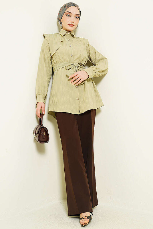 Camicia con Bottoni in Pietra e Rilievo a Righe Verde Salvia