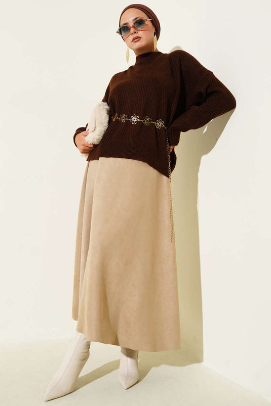 Pull en maille rayée gaufrée marron