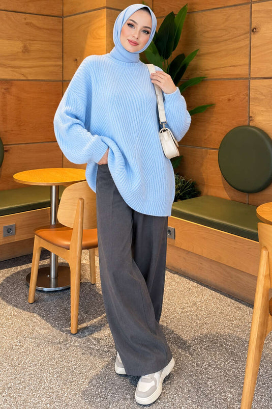 Çizgi Kabartmalı Triko Tunik Bebe Mavi