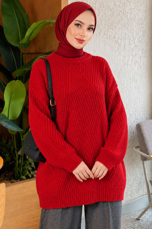 Tunique En Maille Embossée À Rayures Rouges