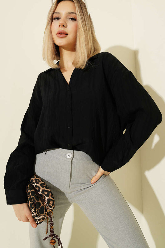 Black Shirt with Embossed Stripes and V-Neck