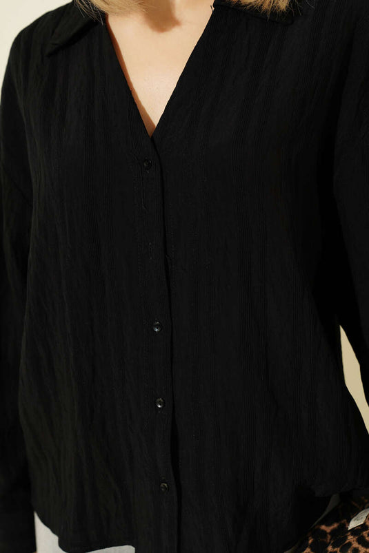 Black Shirt with Embossed Stripes and V-Neck