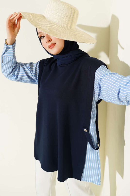 Tunic with Striped Sleeve Trim Loyşa Navy Blue