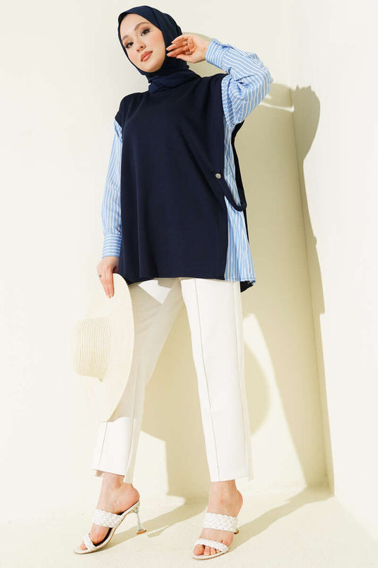 تونيك لوشة بأكمام مخططة باللون الأزرق الداكن