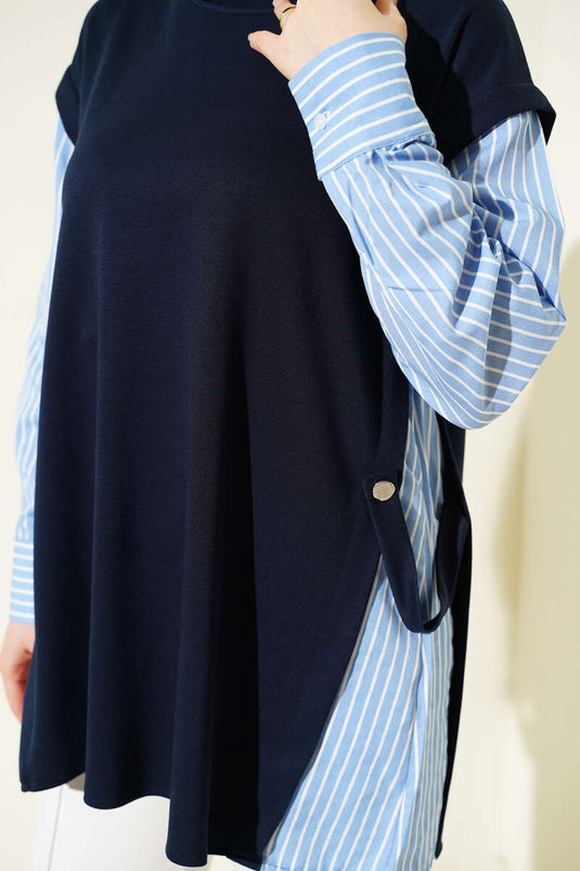 Tunic with Striped Sleeve Trim Loyşa Navy Blue