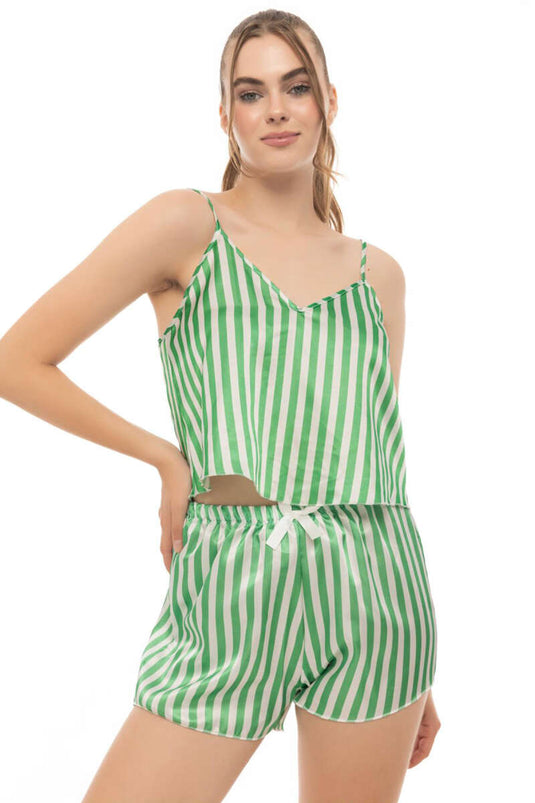طقم بيجامة ساتان مخطط بأشرطة خضراء