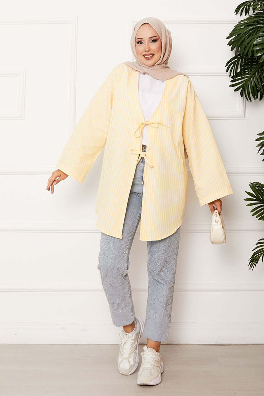 Kimono rayé en dentelle jaune