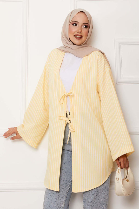 Kimono rayé en dentelle jaune