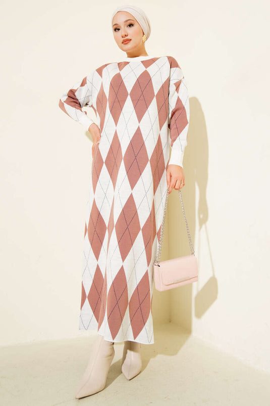 Robe en maille à rayures et motifs losanges Rose poudré