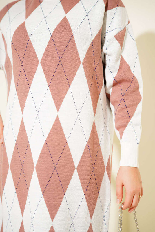 Robe en maille à rayures et motifs losanges Rose poudré