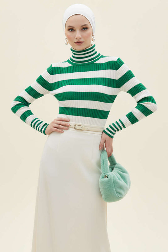 Çizgili Balıkçı Yaka Detaylı Triko Kazak Benetton