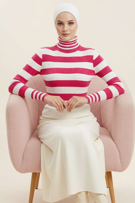 Çizgili Balıkçı Yaka Detaylı Triko Kazak Fusya