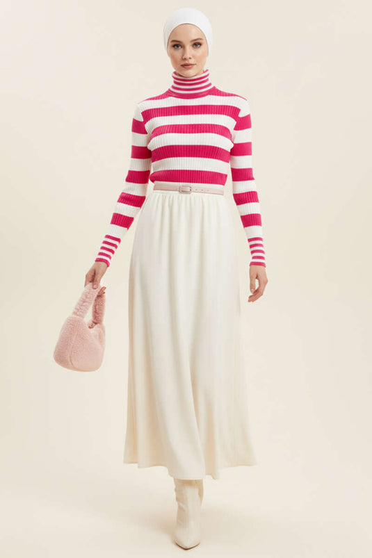 Çizgili Balıkçı Yaka Detaylı Triko Kazak Fusya