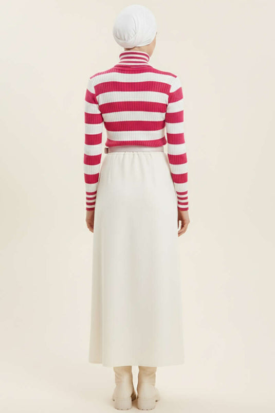 Çizgili Balıkçı Yaka Detaylı Triko Kazak Fusya