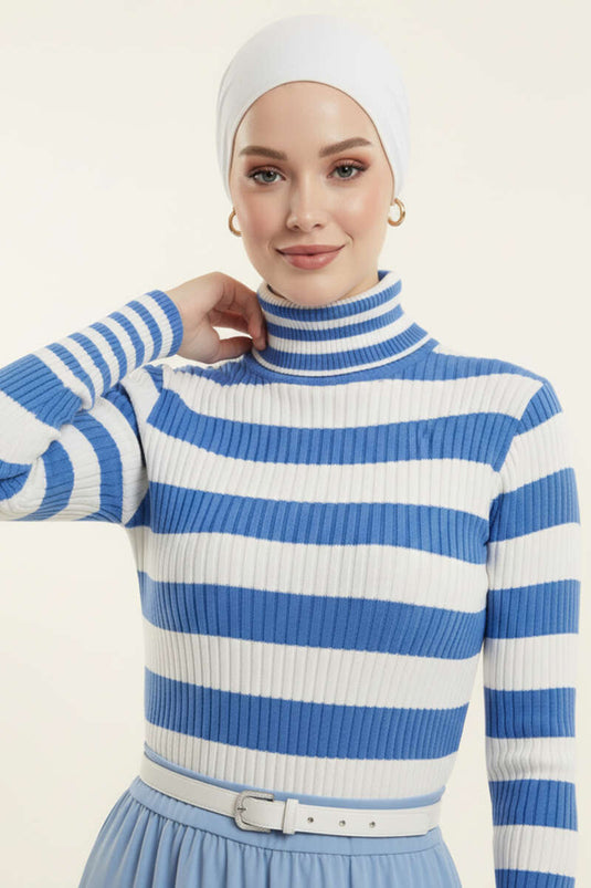 Çizgili Balıkçı Yaka Detaylı Triko Kazak Mavi