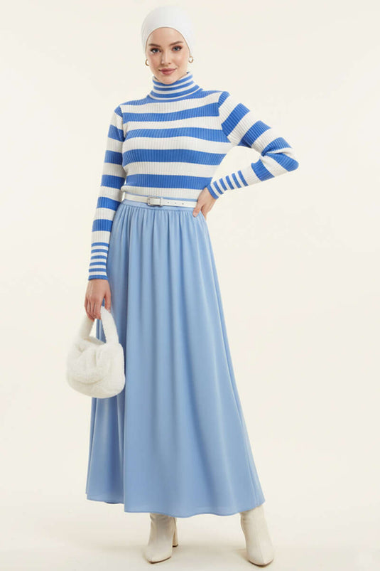 Çizgili Balıkçı Yaka Detaylı Triko Kazak Mavi