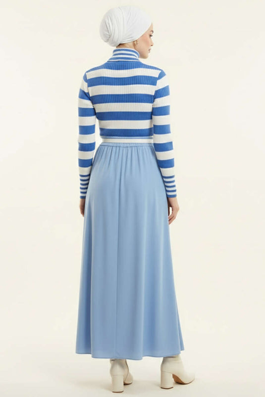 Çizgili Balıkçı Yaka Detaylı Triko Kazak Mavi