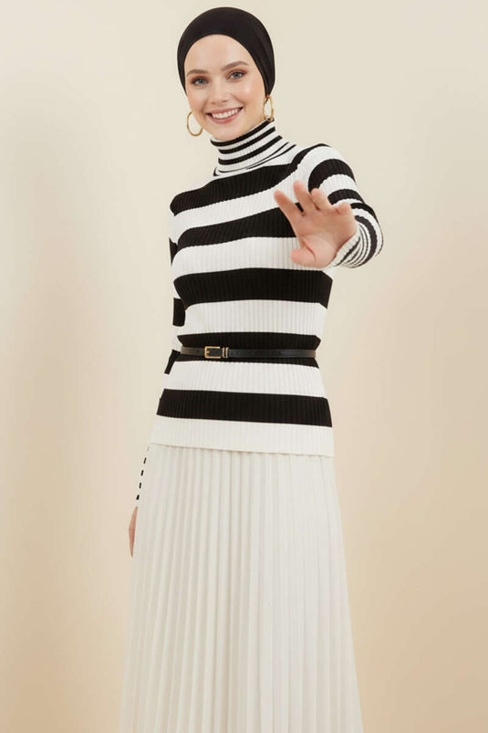 Çizgili Balıkçı Yaka Detaylı Triko Kazak Siyah