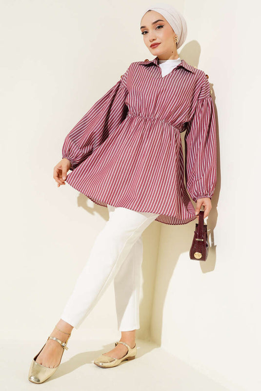 تونيك مخطط بأكمام واسعة وخصر مطاطي، لون عنابي