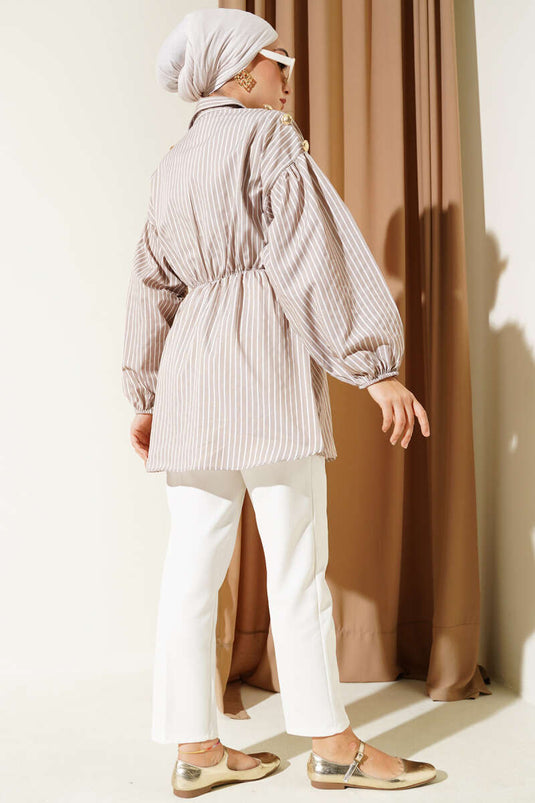 Striped Balloon Sleeve Tunic with Elastic Waist Latte