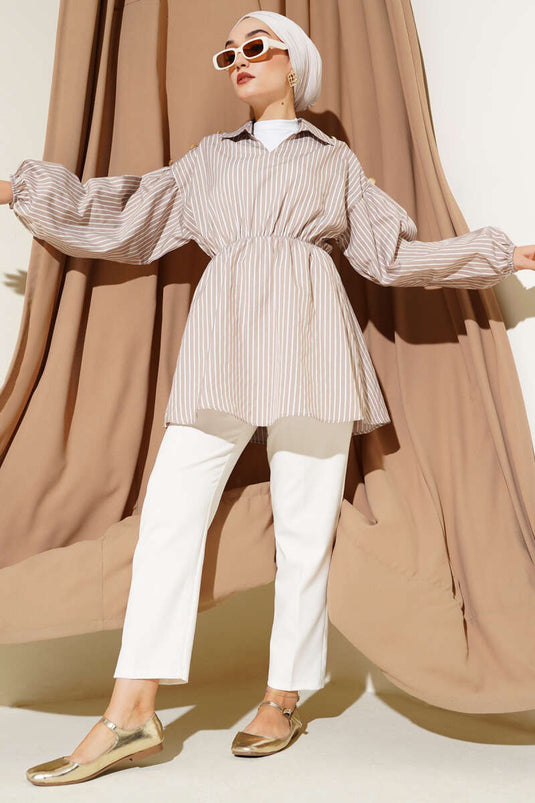 Striped Balloon Sleeve Tunic with Elastic Waist Latte