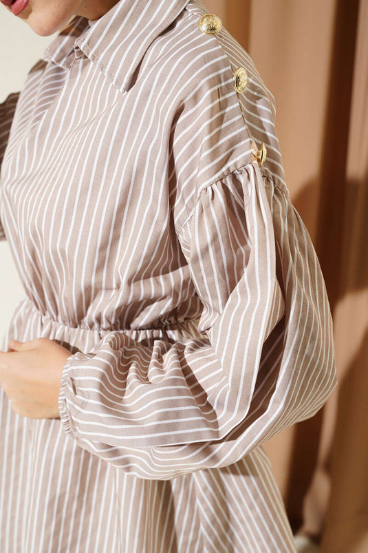 Striped Balloon Sleeve Tunic with Elastic Waist Latte