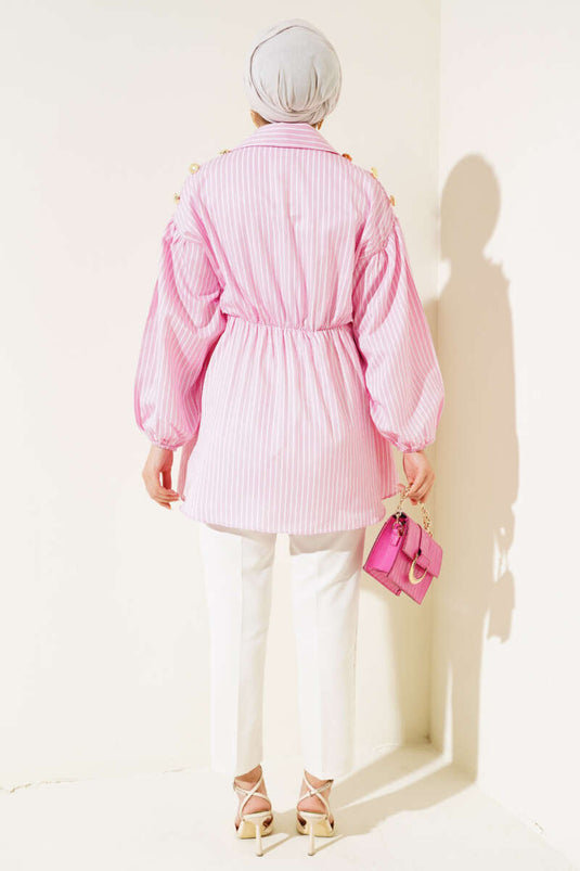 Çizgili Balon Kol Bel Lastikli Tunik Pembe