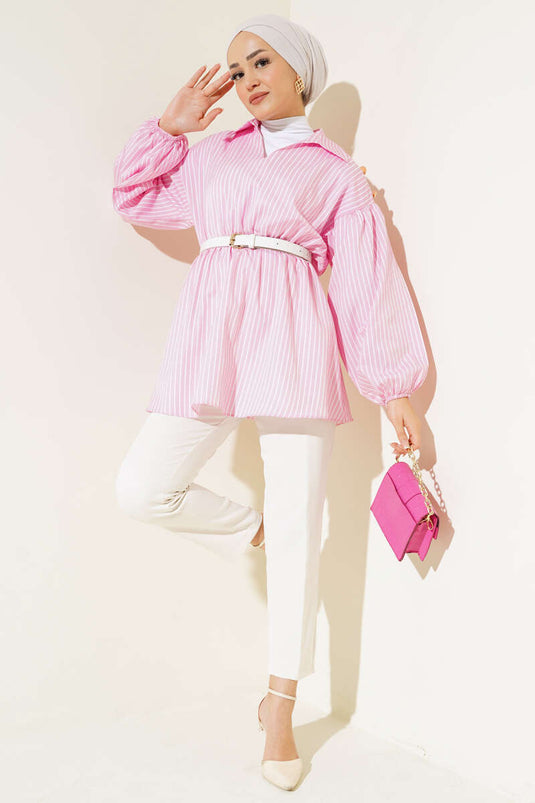 Çizgili Balon Kol Bel Lastikli Tunik Pembe