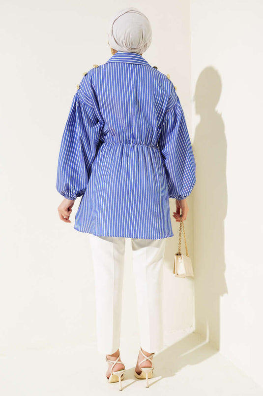 Çizgili Balon Kol Bel Lastikli Tunik Saks