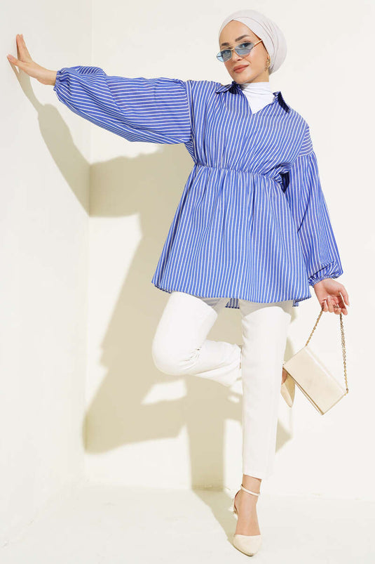 Çizgili Balon Kol Bel Lastikli Tunik Saks