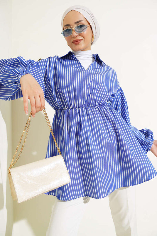 Çizgili Balon Kol Bel Lastikli Tunik Saks