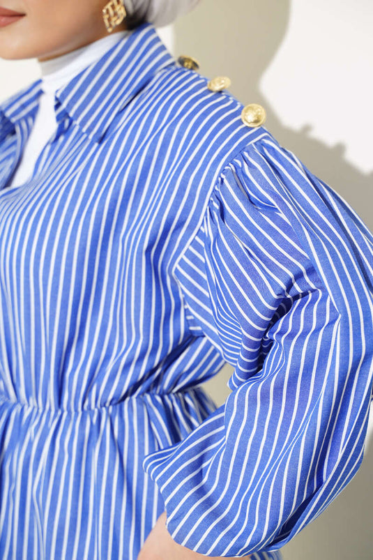 Çizgili Balon Kol Bel Lastikli Tunik Saks