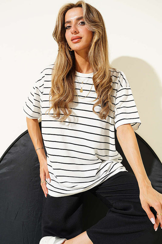 Çizgili Basic Oversize T-shirt Beyaz