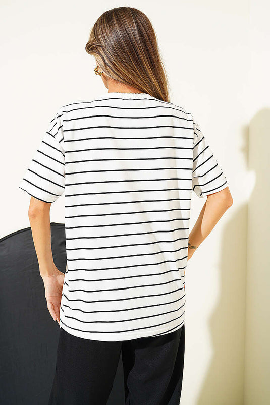 Çizgili Basic Oversize T-shirt Beyaz
