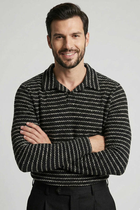 Striped Printed Men's Woolen Sweater Black