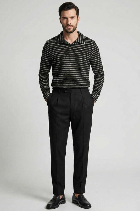 Striped Printed Men's Woolen Sweater Black