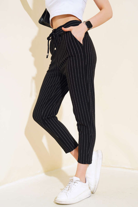 Striped Elastic Waist Pants Black