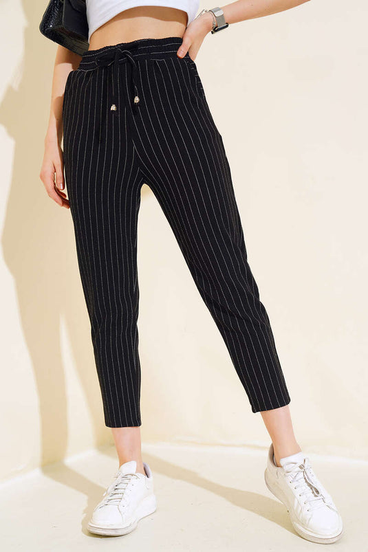Striped Elastic Waist Pants Black