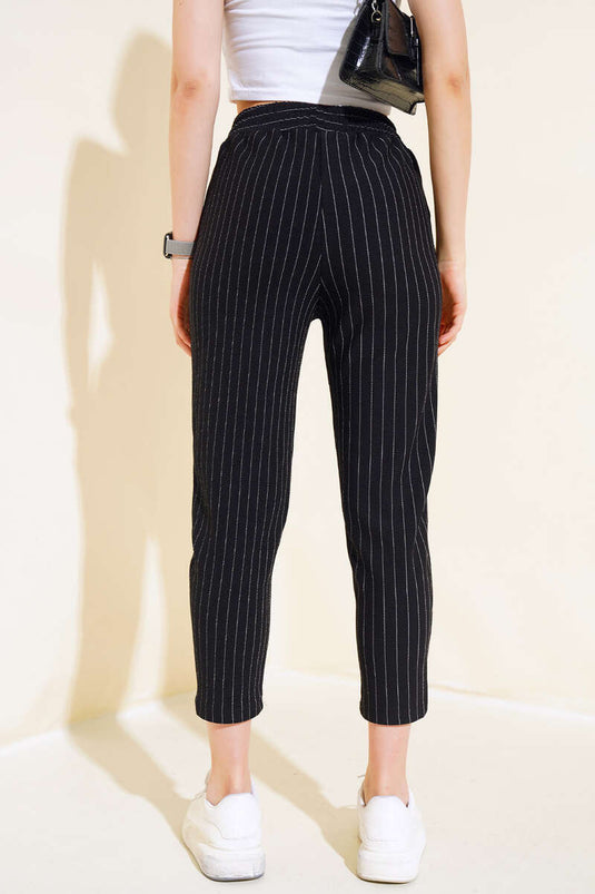 Striped Elastic Waist Pants Black