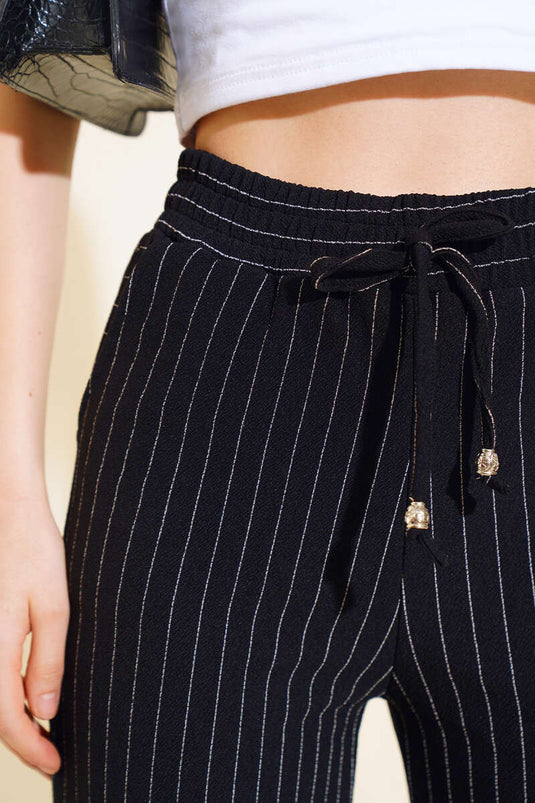 Striped Elastic Waist Pants Black