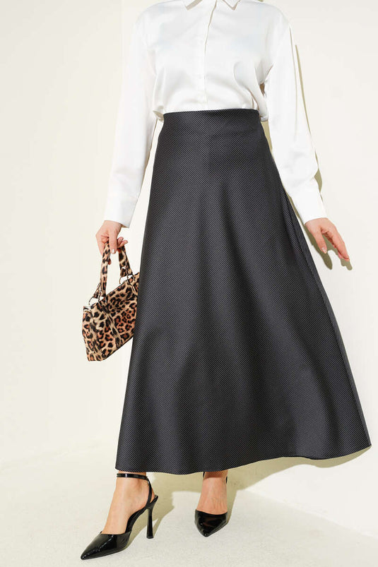 Striped Satin Skirt with Elastic Waist Black