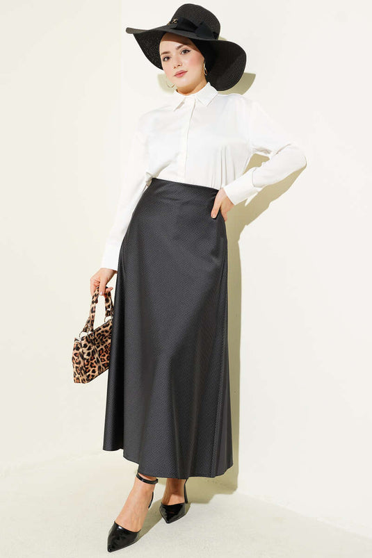 Striped Satin Skirt with Elastic Waist Black