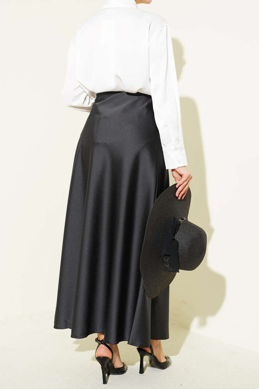 Striped Satin Skirt with Elastic Waist Black