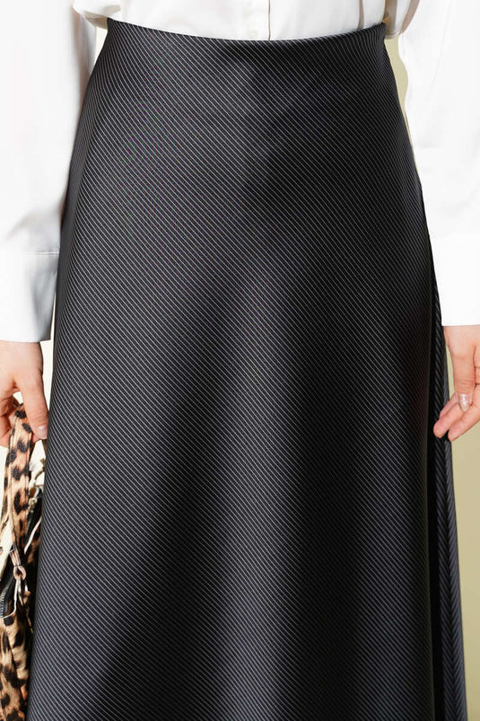Striped Satin Skirt with Elastic Waist Black