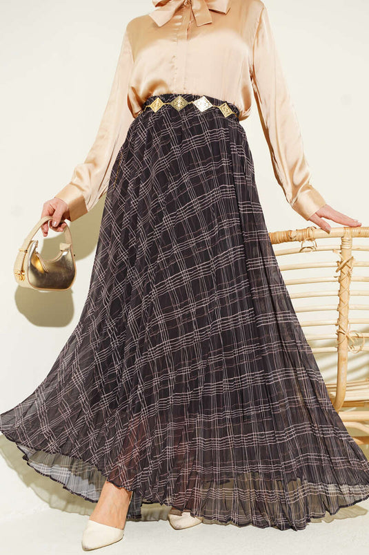 Striped Waist Elastic Chiffon Skirt Anthracite