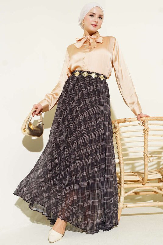 Striped Waist Elastic Chiffon Skirt Anthracite