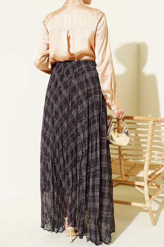 Striped Waist Elastic Chiffon Skirt Anthracite